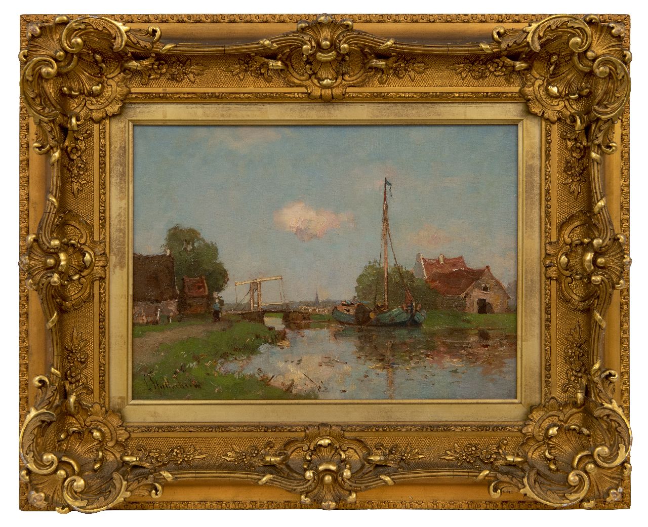 Stutterheim L.P.  | Lodewijk Philippus 'Louis' Stutterheim | Paintings offered for sale | River view with houses and a moored barge, oil on canvas 25.5 x 35.5 cm, signed l.l.