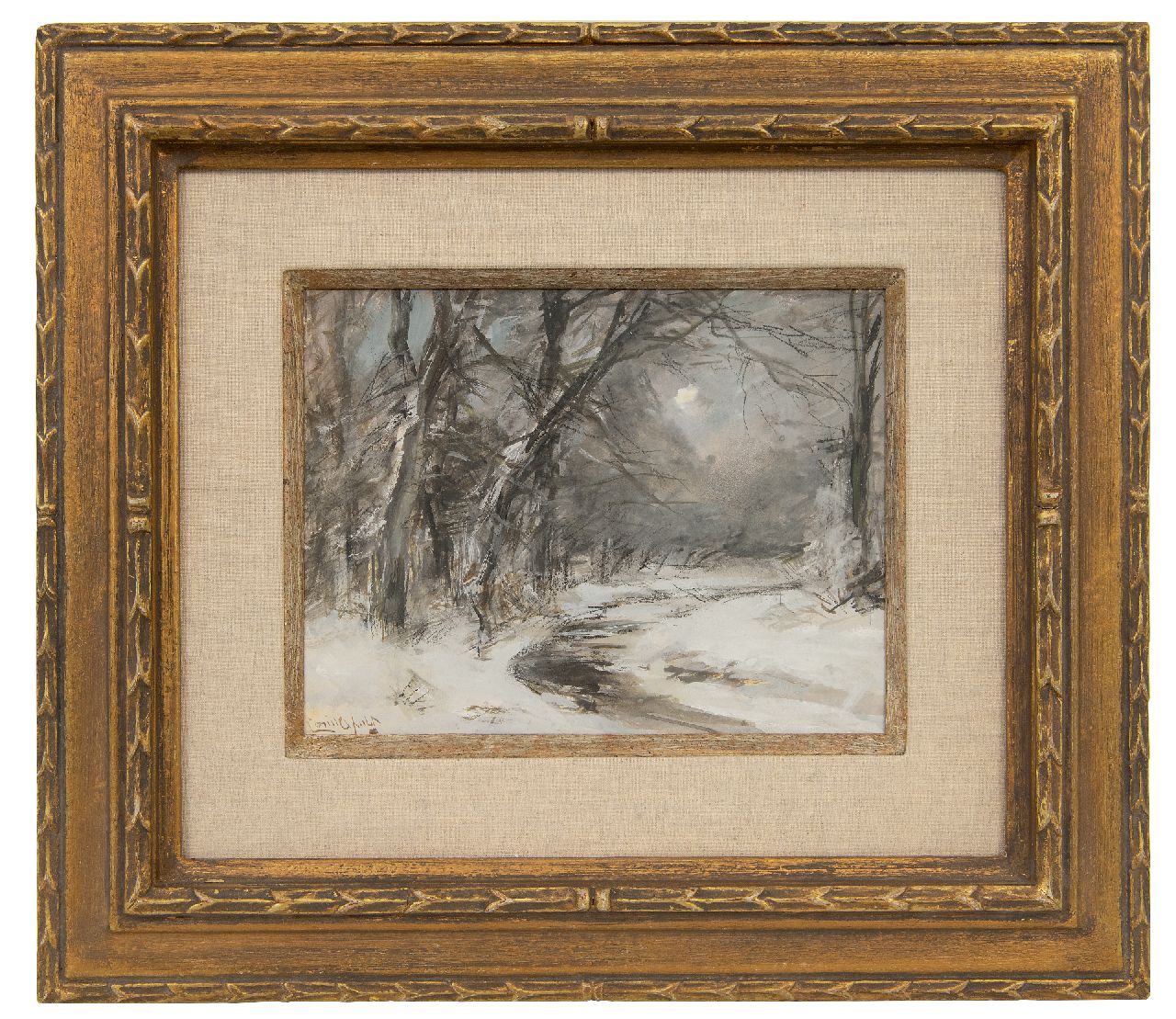 Apol L.F.H.  | Lodewijk Franciscus Hendrik 'Louis' Apol, Snowy forest scene, gouache on paper 15.5 x 20.5 cm, signed l.l.