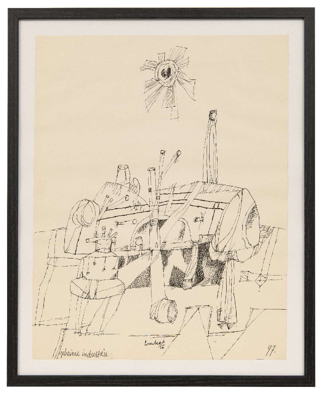 Lucebert (Lubertus Jacobus Swaanswijk)   | Lucebert (Lubertus Jacobus Swaanswijk) | Watercolours and drawings offered for sale | Geheime industrie (Secret industry), pen and ink on paper 26.9 x 20.9 cm, signed l.c. and dated '56, without frame
