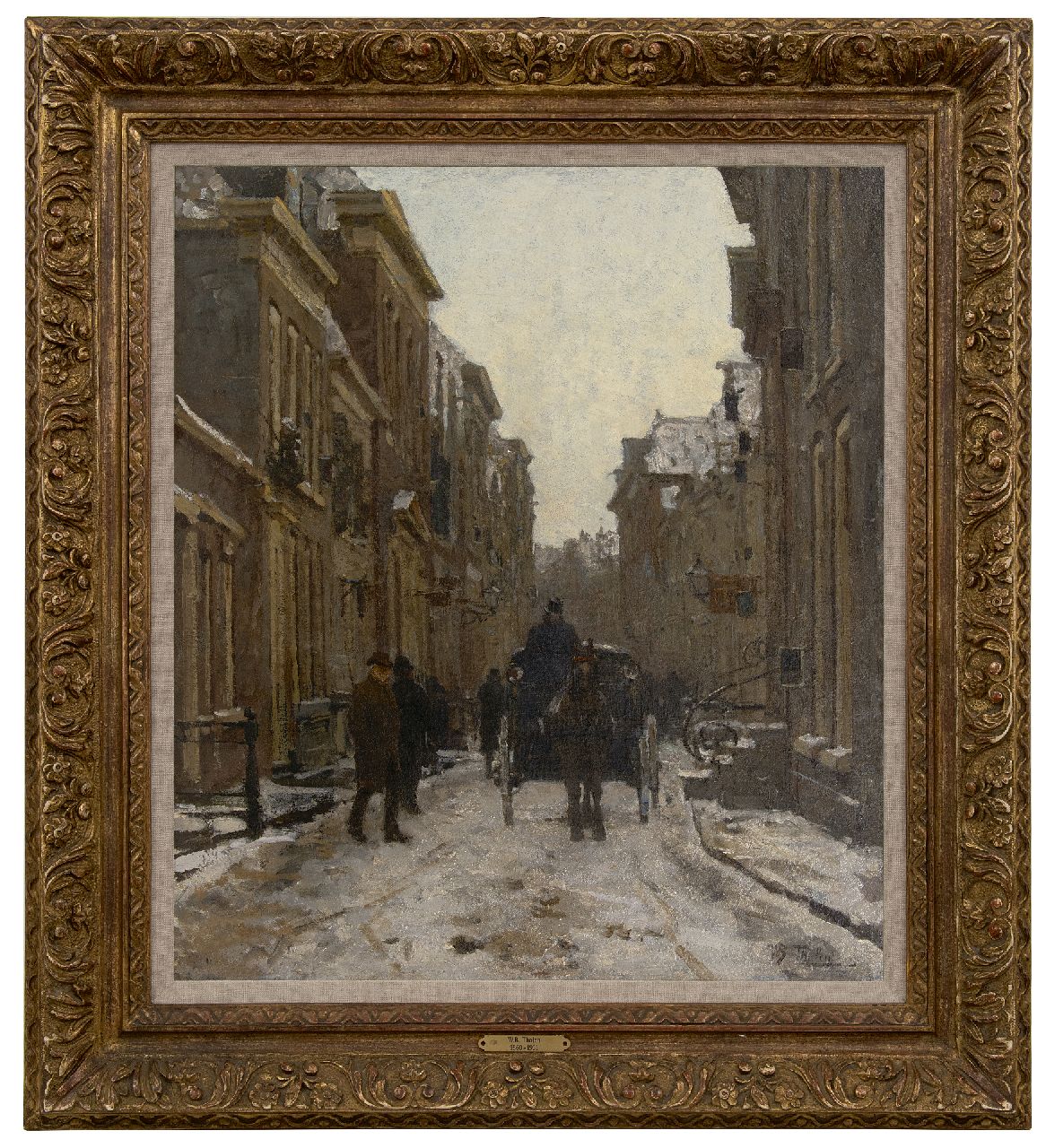Tholen W.B.  | Willem Bastiaan Tholen | Paintings offered for sale | Carriage in a snowy street in Voorburg, oil on canvas laid down on panel 64.1 x 56.3 cm, signed l.r. and executed ca. 1889