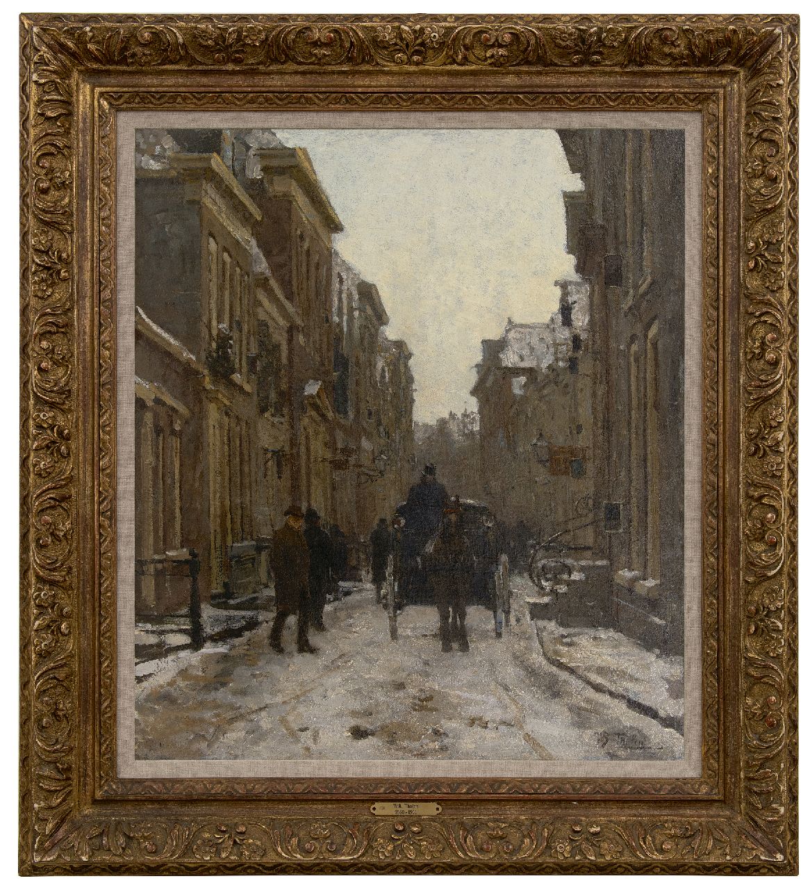 Tholen W.B.  | Willem Bastiaan Tholen, Carriage in a snowy street in Voorburg, oil on canvas laid down on panel 64.1 x 56.3 cm, signed l.r. and executed ca. 1889