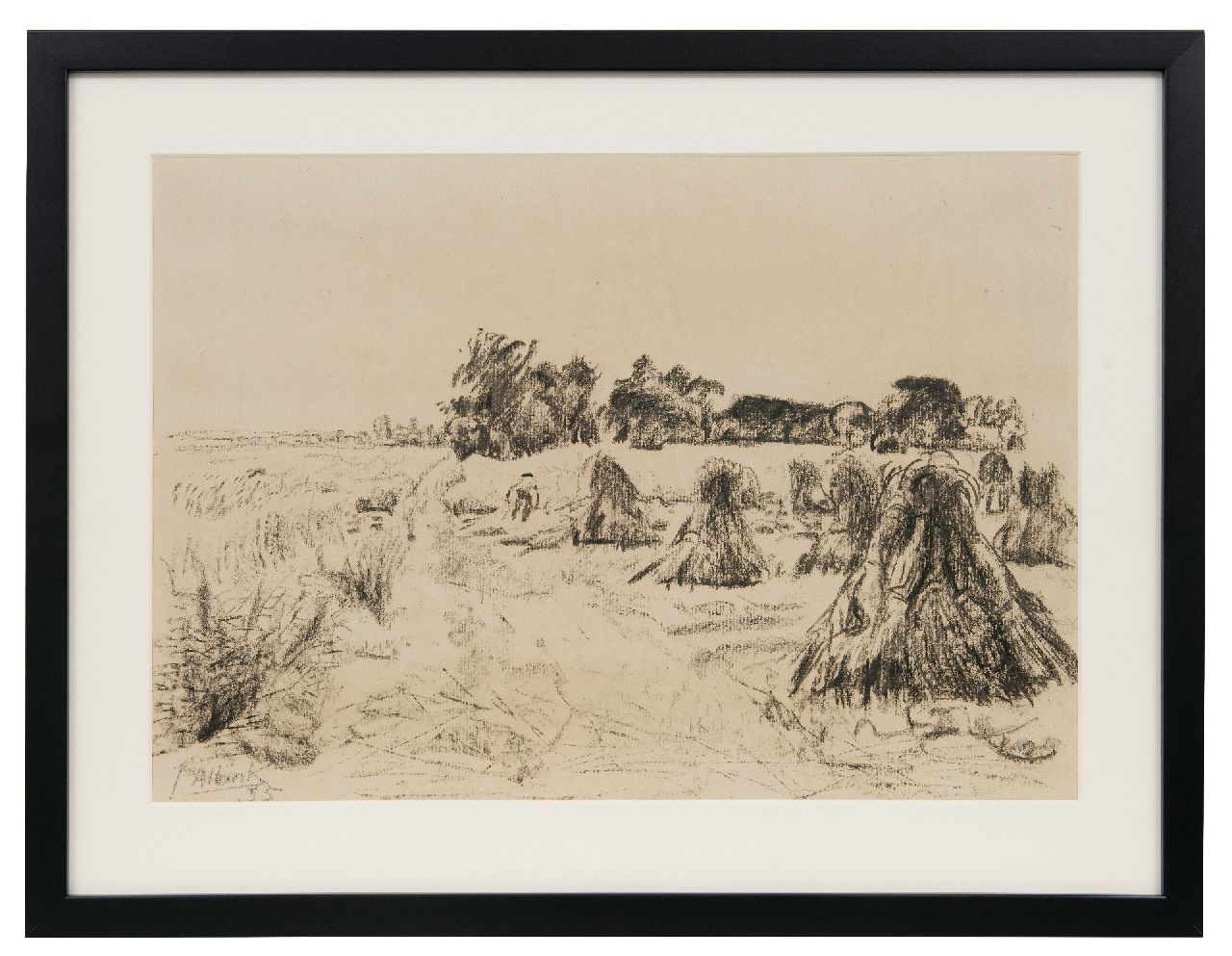 Altink J.  | Jan Altink, Harvest landscape with hay sheaves, chalk on paper 36.0 x 48.9 cm, signed l.l. and dated '35, without frame
