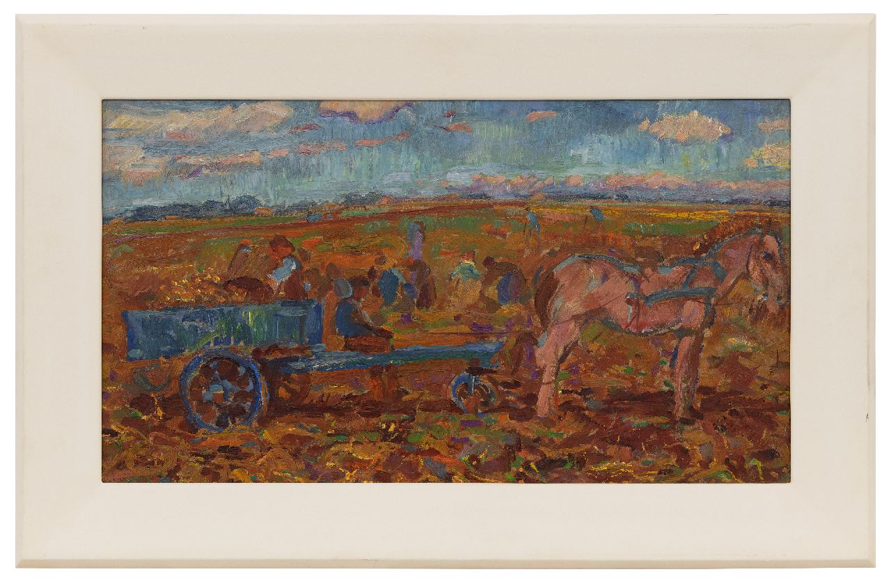 Dijkstra J.  | Johannes 'Johan' Dijkstra | Paintings offered for sale | Harvesting farm workers, oil on board laid down on panel 35.7 x 62.8 cm