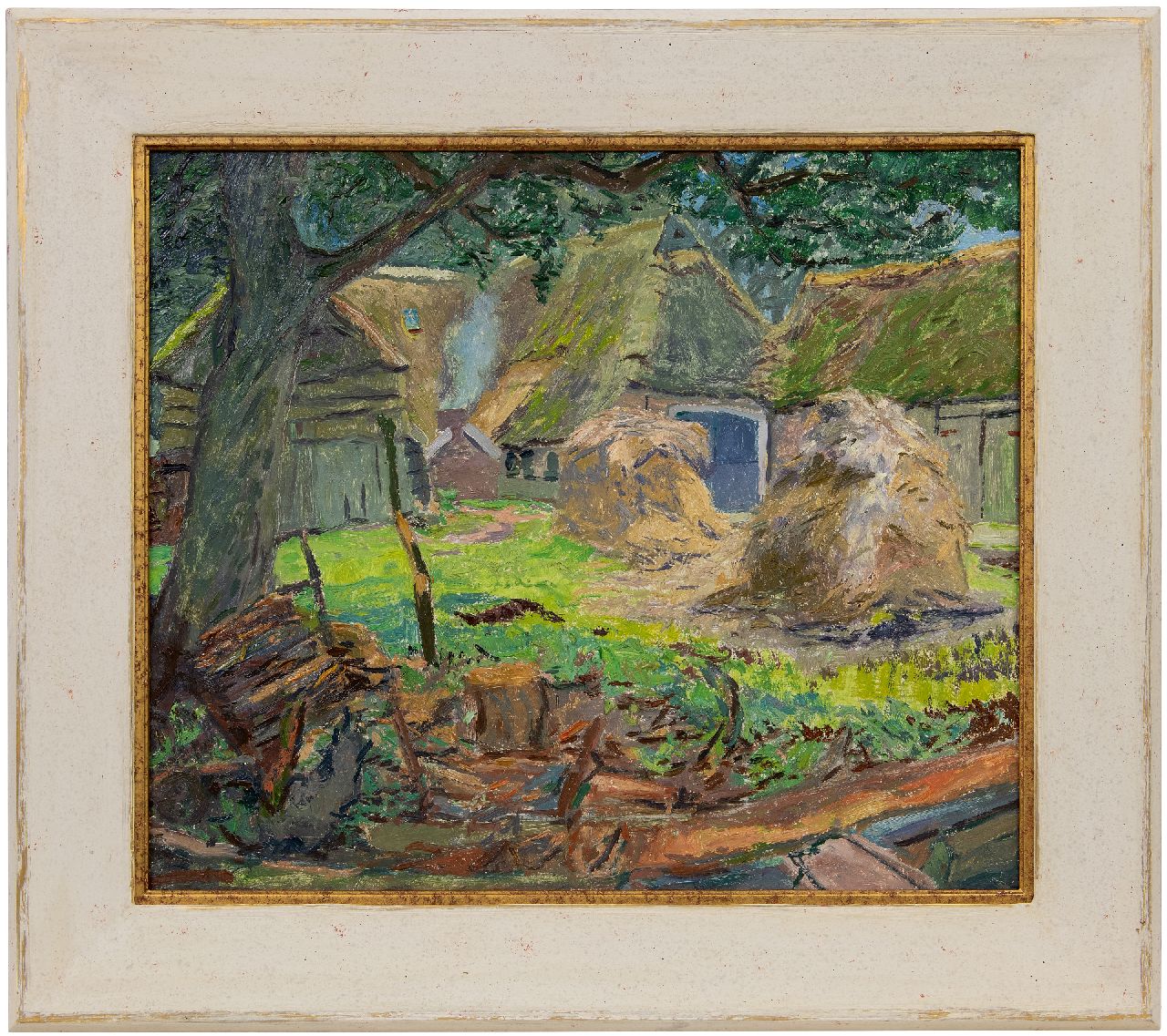 Vries J. de | Jannes de Vries, Farmyard with hay shards, oil on canvas 60.4 x 70.8 cm, signed on the reverse with monogram