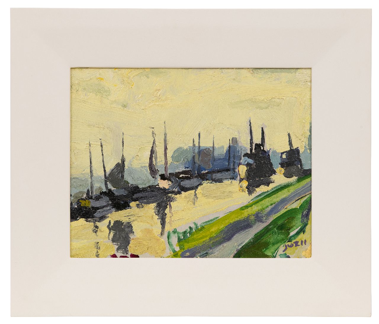 Zee J. van der | Jan van der Zee | Paintings offered for sale | Ships in the Damsterdiep; on the reverse: Summer landscape, oil on panel 24.4 x 30.5 cm, signed l.r.