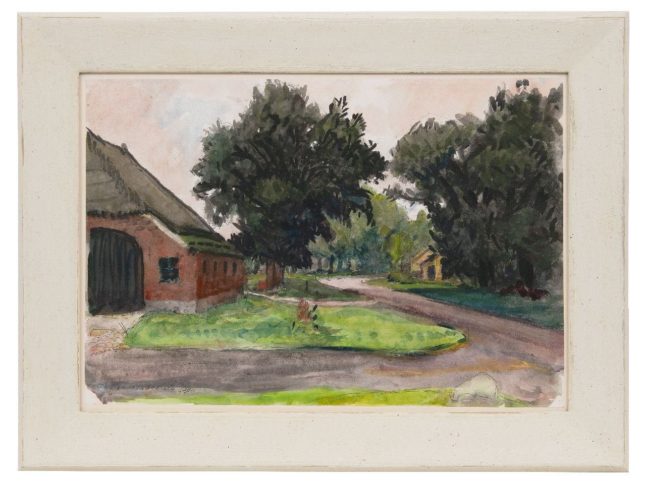 Vries J. de | Jannes de Vries | Watercolours and drawings offered for sale | Farmyard in Drenthe, pen and ink and watercolour on paper 41.6 x 60.1 cm, signed l.l. and dated 1980