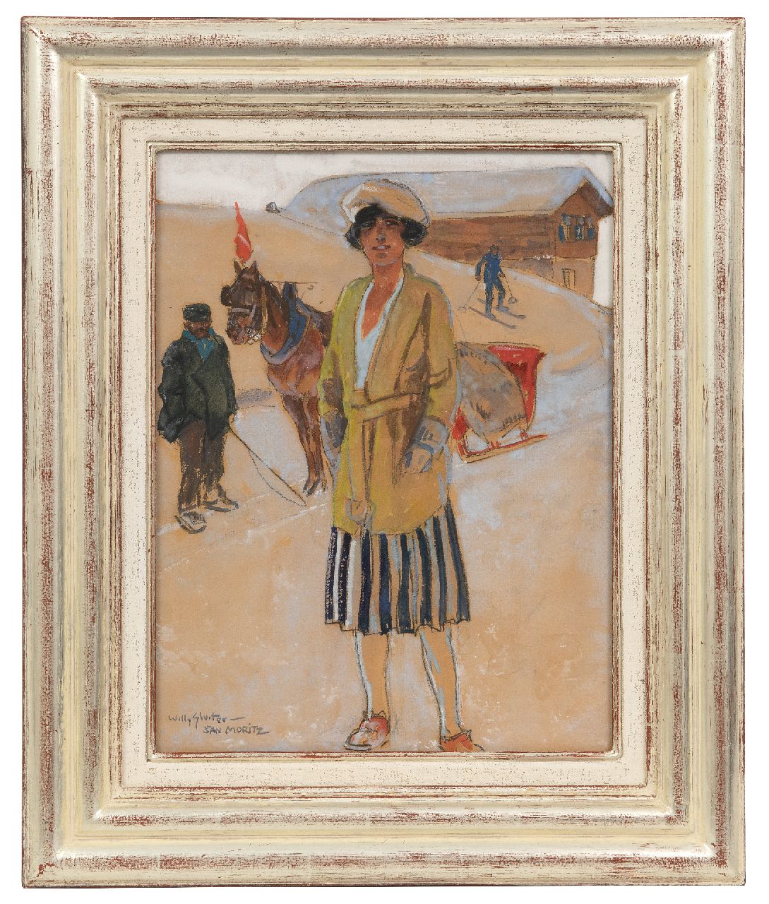 Sluiter J.W.  | Jan Willem 'Willy' Sluiter, Winter sports in St. Moritz, black chalk and watercolour on paper 31.2 x 25.1 cm, signed l.l. and dated on the reverse 1928