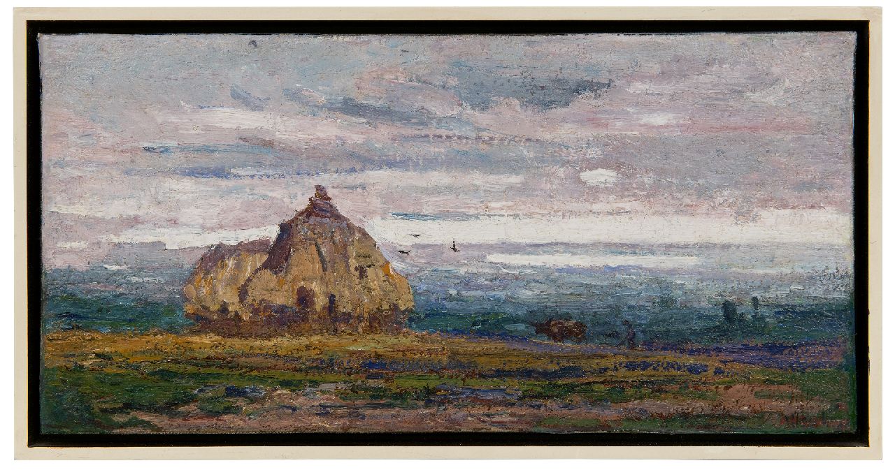 Gouwe A.H.  | Adriaan Herman Gouwe, Panoramic landscape with haystacks, oil on canvas 22.3 x 45.5 cm, signed l.r. and dated '14