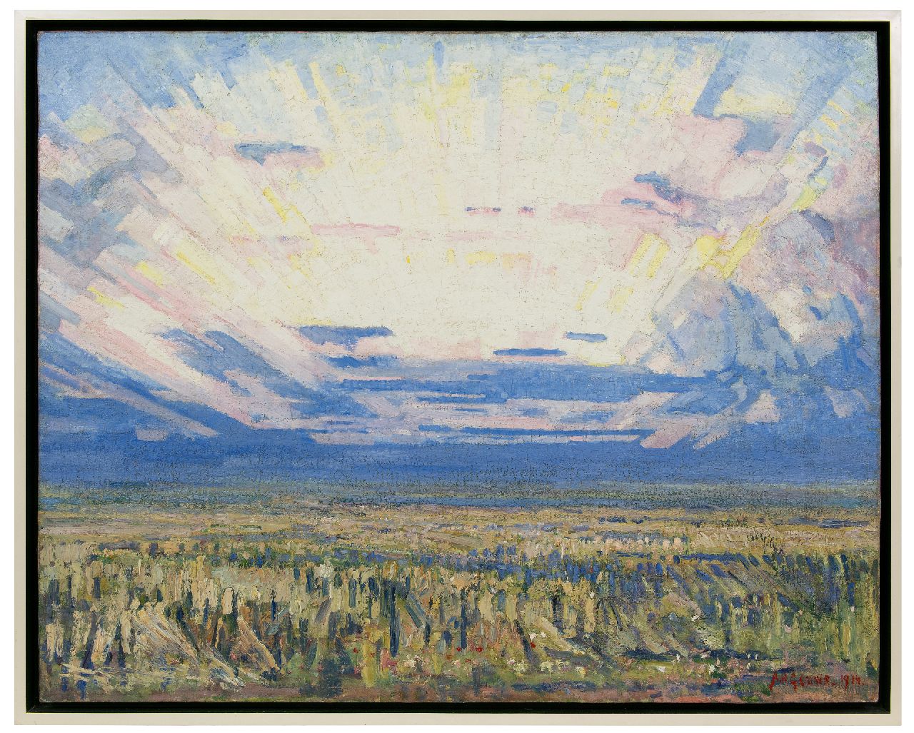 Gouwe A.H.  | Adriaan Herman Gouwe, Landscape at sunrise, oil on canvas 79.8 x 99.5 cm, signed l.r. and dated 1914