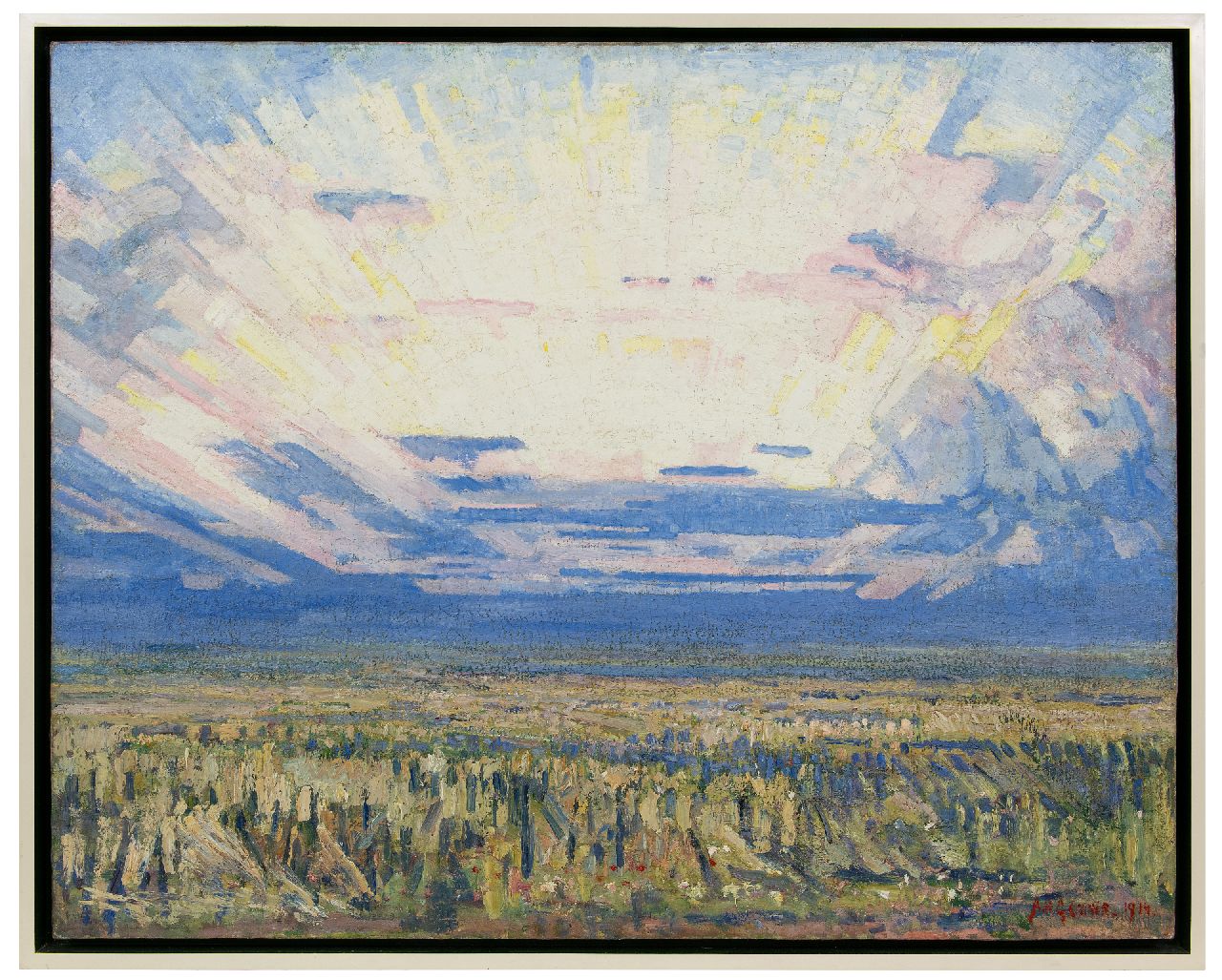 Gouwe A.H.  | Adriaan Herman Gouwe | Paintings offered for sale | Landscape at sunrise, oil on canvas 79.8 x 99.5 cm, signed l.r. and dated 1914