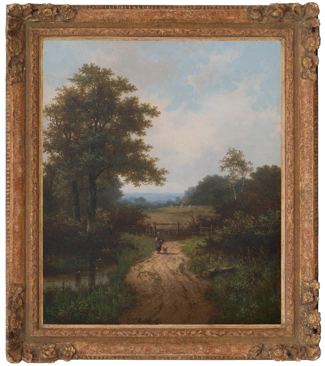 Koekkoek P.H.  | Pieter Hendrik 'H.P.' Koekkoek, Farmer's wife and dog on wooded country path, oil on canvas 61.0 x 50.7 cm, signed l.c.