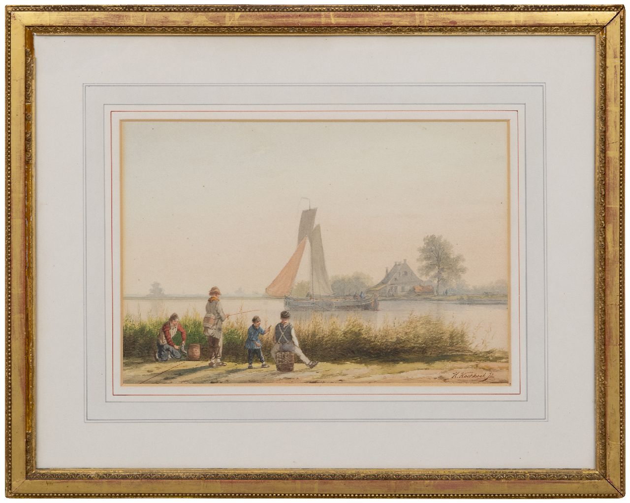 Koekkoek jr. H.  | Hermanus Koekkoek jr. | Watercolours and drawings offered for sale | Children fishing along a riverbank, watercolour on paper 22.0 x 32.0 cm, signed l.r.