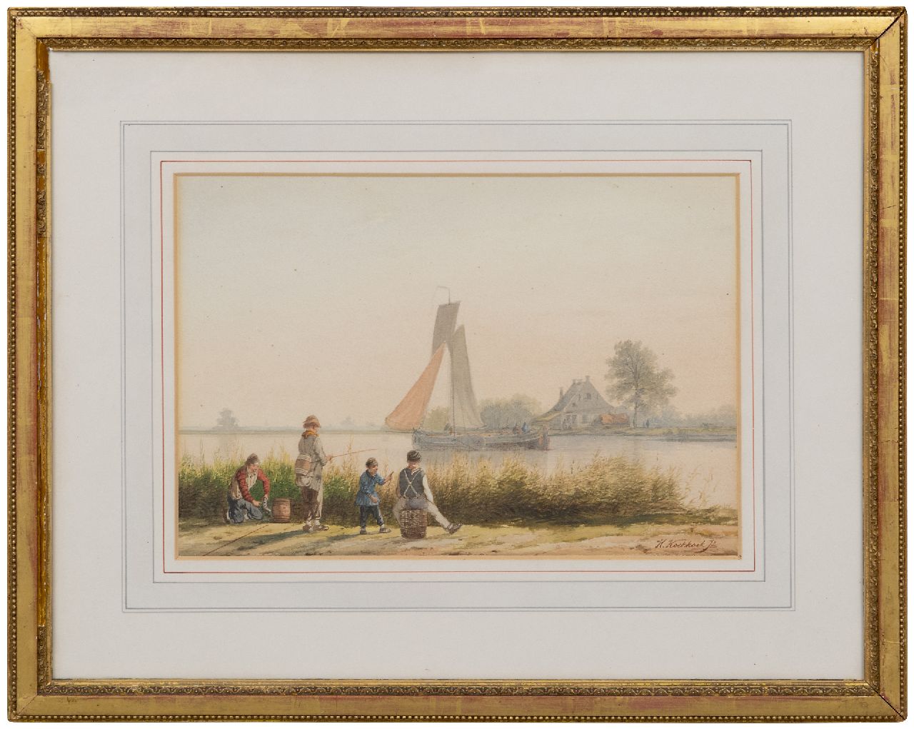 Koekkoek jr. H.  | Hermanus Koekkoek jr., Children fishing along a riverbank, watercolour on paper 22.2 x 32.3 cm, signed l.r.