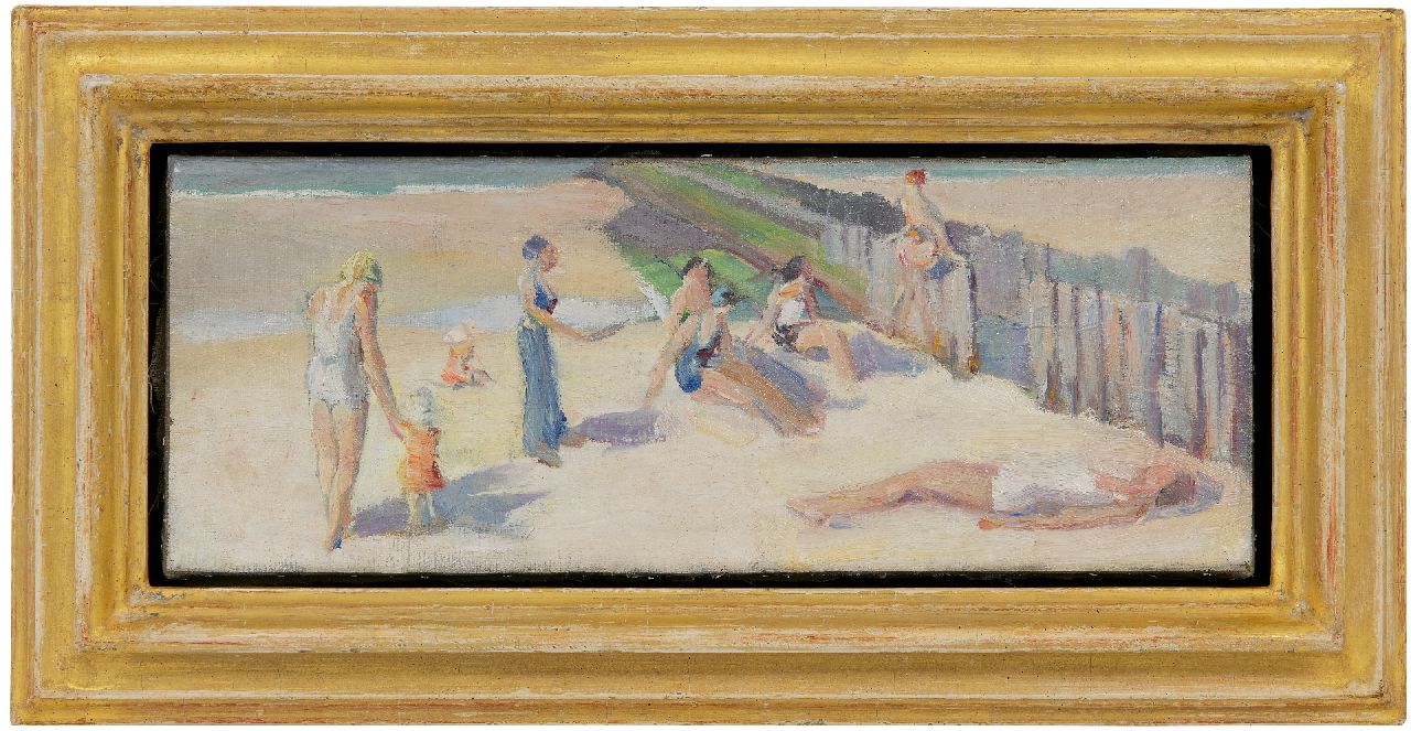 Kat E. de | Ewoud de Kat | Paintings offered for sale | Sunbathing on the beach, Zeeland, oil on canvas 13.5 x 35.3 cm