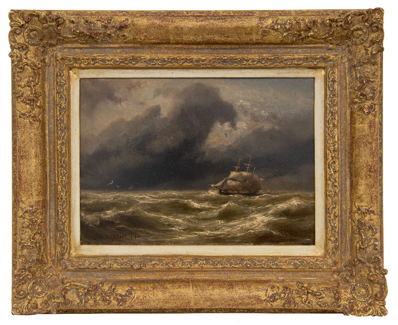 Koekkoek J.H.B.  | Johannes Hermanus Barend 'Jan H.B.' Koekkoek | Paintings offered for sale | Three-master at sea in a storm, oil on panel 17.0 x 23.8 cm, signed l.l. and dated 1891