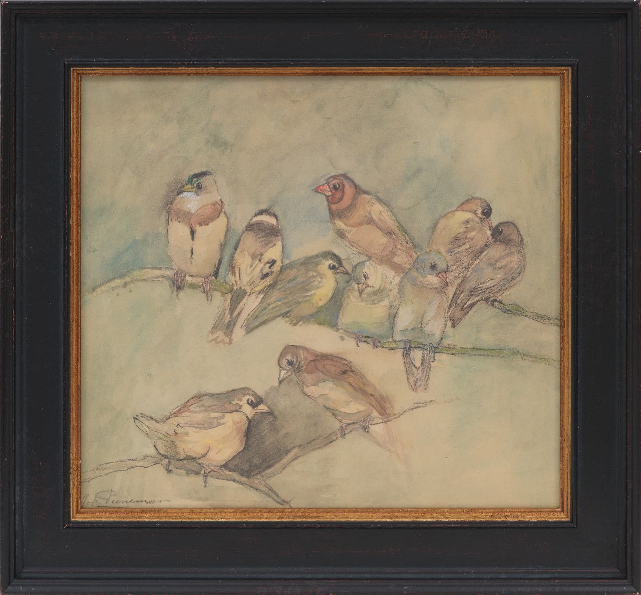 Pieneman J.H.  | 'Johanna' Hendrika Pieneman | Watercolours and drawings offered for sale | Finches, black chalk and watercolour on paper 30.3 x 33.5 cm, signed l.l.