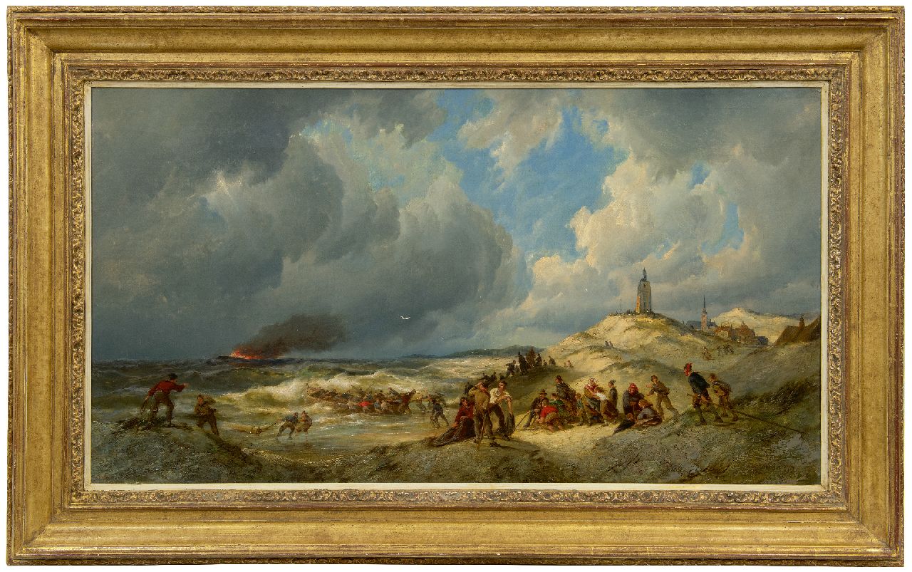 Dommershuijzen P.C.  | Pieter Cornelis Dommershuijzen, Shipwreck of the English bark P. Nicolas - alias De Olieman - off the coast near Zandvoort, oil on canvas 57.0 x 102.0 cm, signed l.r. and dated 1881