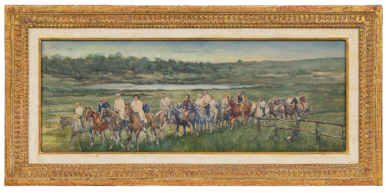 Jonge J.A. de | Johan Antoni de Jonge, Riders in the dunes, watercolour on paper 24.0 x 65.1 cm, signed l.l. with monogram