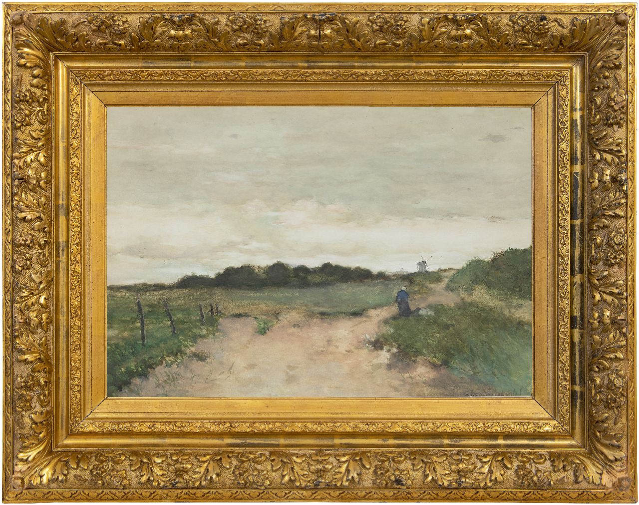 Weissenbruch H.J.  | Hendrik Johannes 'J.H.' Weissenbruch, Fisherwoman in the dunes, watercolour on paper 59.5 x 40.5 cm, signed l.r.