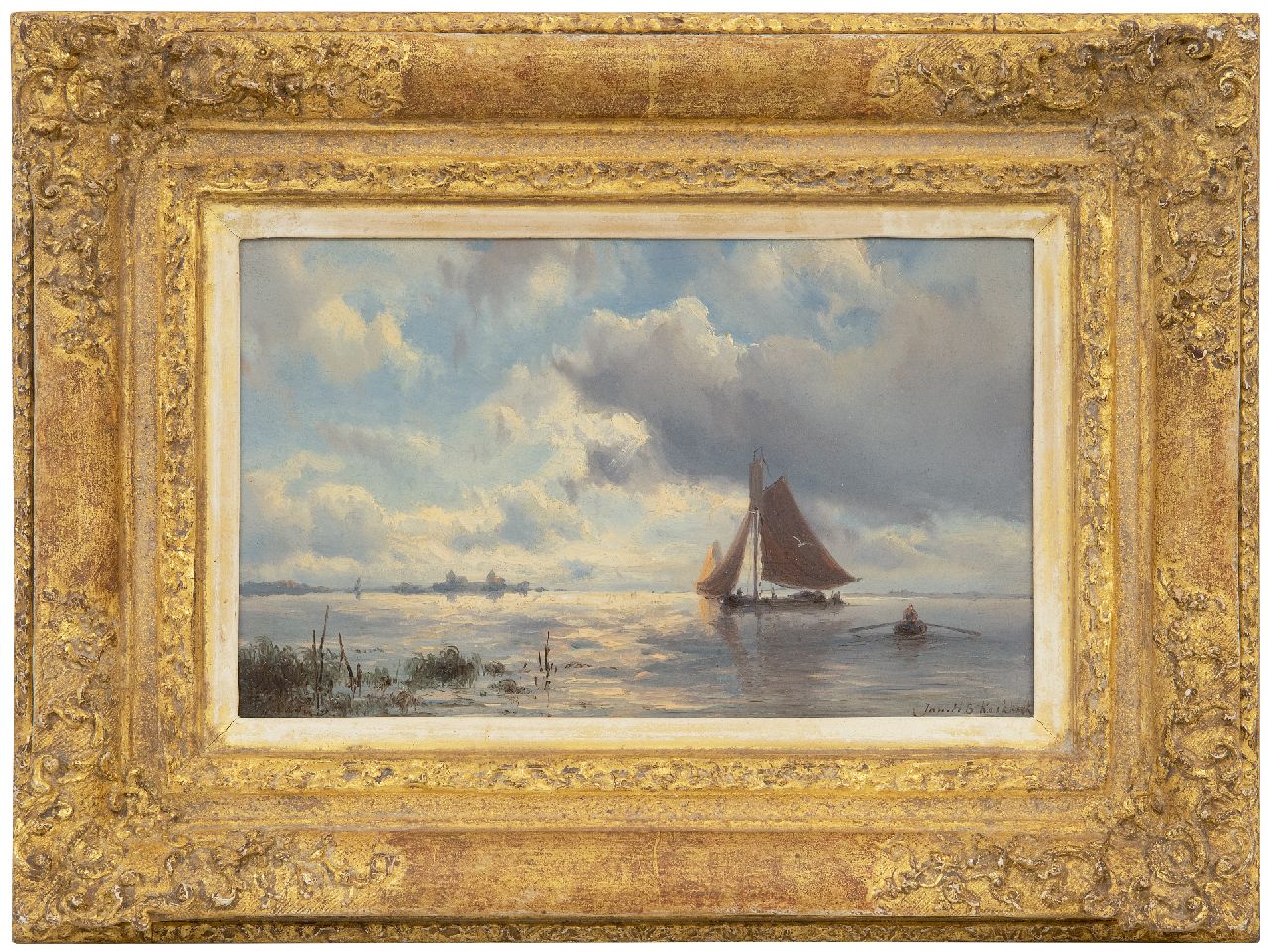 Koekkoek J.H.B.  | Johannes Hermanus Barend 'Jan H.B.' Koekkoek, Barges on a lake near the Muiderslot at fallinf dusk, oil on panel 15.6 x 24.8 cm, signed l.r. and verkocht