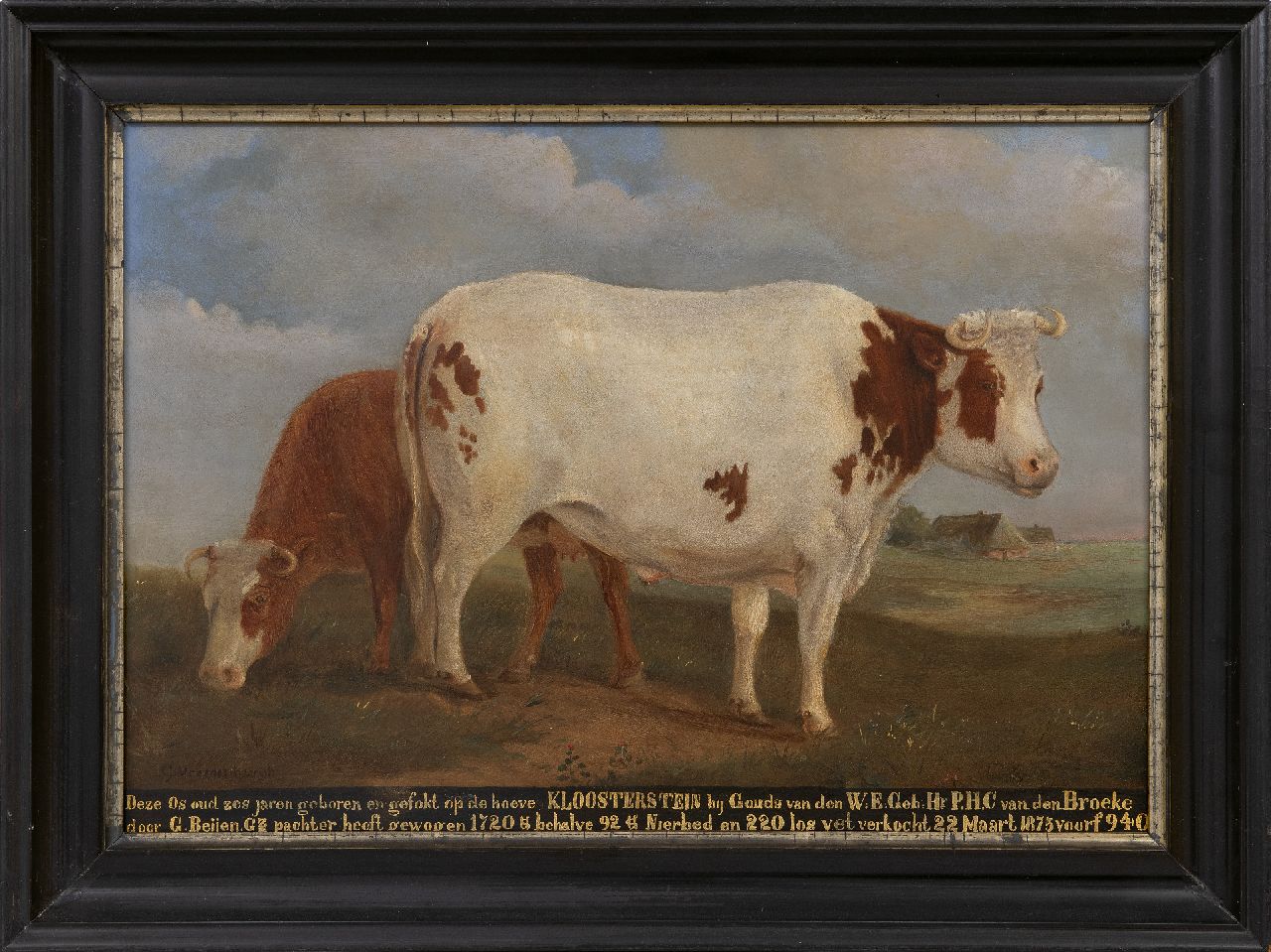 Vreedenburgh G.  | Gerrit Vreedenburgh | Paintings offered for sale | Portrait of an ox of the farm Kloosterstein near Gouda, oil on panel 35.7 x 49.4 cm, signed l.l. and painted ca. 1875