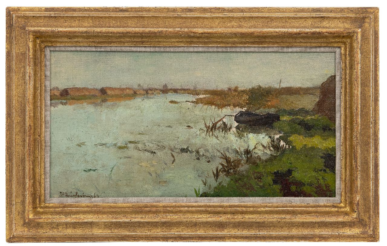 Weissenbruch H.J.  | Hendrik Johannes 'J.H.' Weissenbruch, Peat landscape, oil on canvas laid down on panel 17.2 x 33.0 cm, signed l.l.