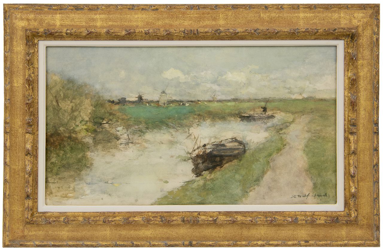 Weissenbruch H.J.  | Hendrik Johannes 'J.H.' Weissenbruch, A polder landscape, watercolour on paper 30.0 x 54.6 cm, signed l.r.