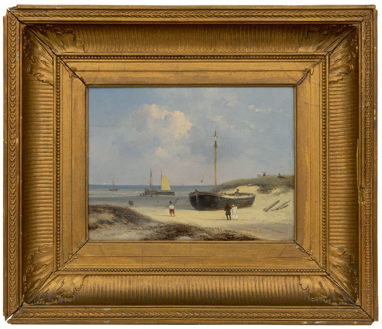 Hoppenbrouwers J.F.  | Johannes Franciscus Hoppenbrouwers, Elegant figures, fishermen and fishing boats on the beach at Scheveningen, oil on panel 22.4 x 29.0 cm, signed l.l.