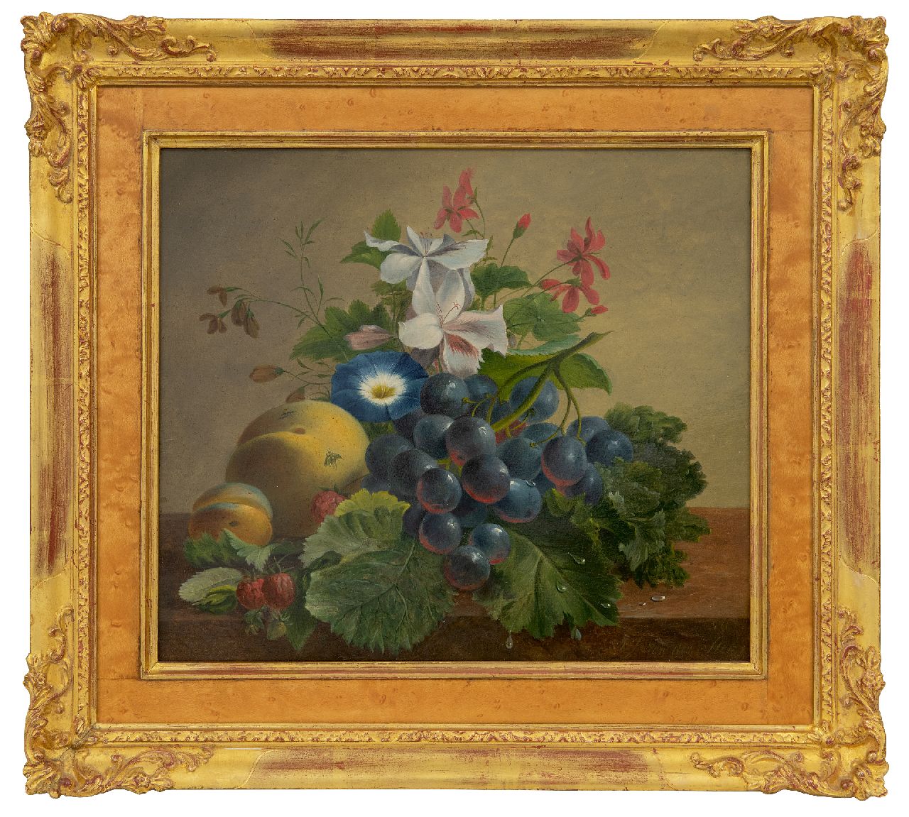 Stok J. van der | Jacoba van der Stok, Still life with flowers and fruit on a ledge, oil on panel 26.2 x 30.1 cm, signed l.r. and dated 1840