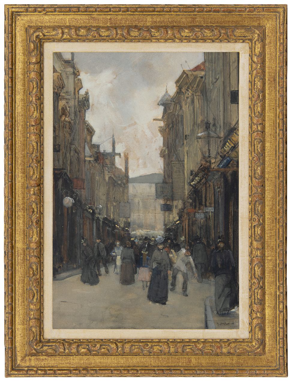 Arntzenius P.F.N.J.  | Pieter Florentius Nicolaas Jacobus 'Floris' Arntzenius | Watercolours and drawings offered for sale | A busy Spuistraat in The Hague, watercolour and gouache on paper 50.1 x 33.9 cm, signed l.r.