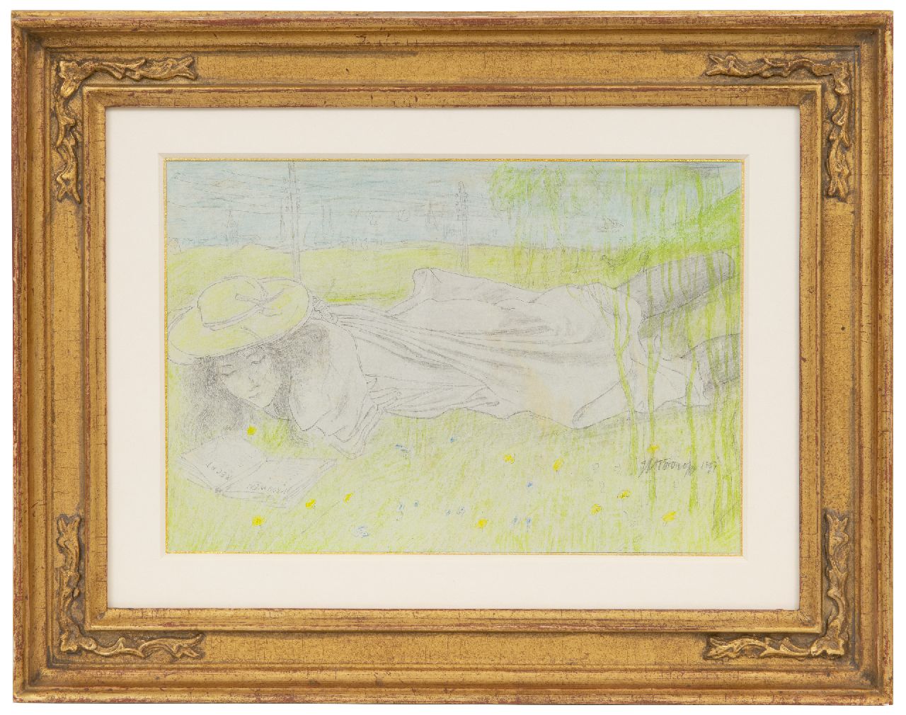 Toorop J.Th.  | Johannes Theodorus 'Jan' Toorop | Watercolours and drawings offered for sale | Young woman reading prose ('Vrouwenrecht'), pencil and chalk on paper 16.2 x 20.5 cm, signed l.r. and dated 1897