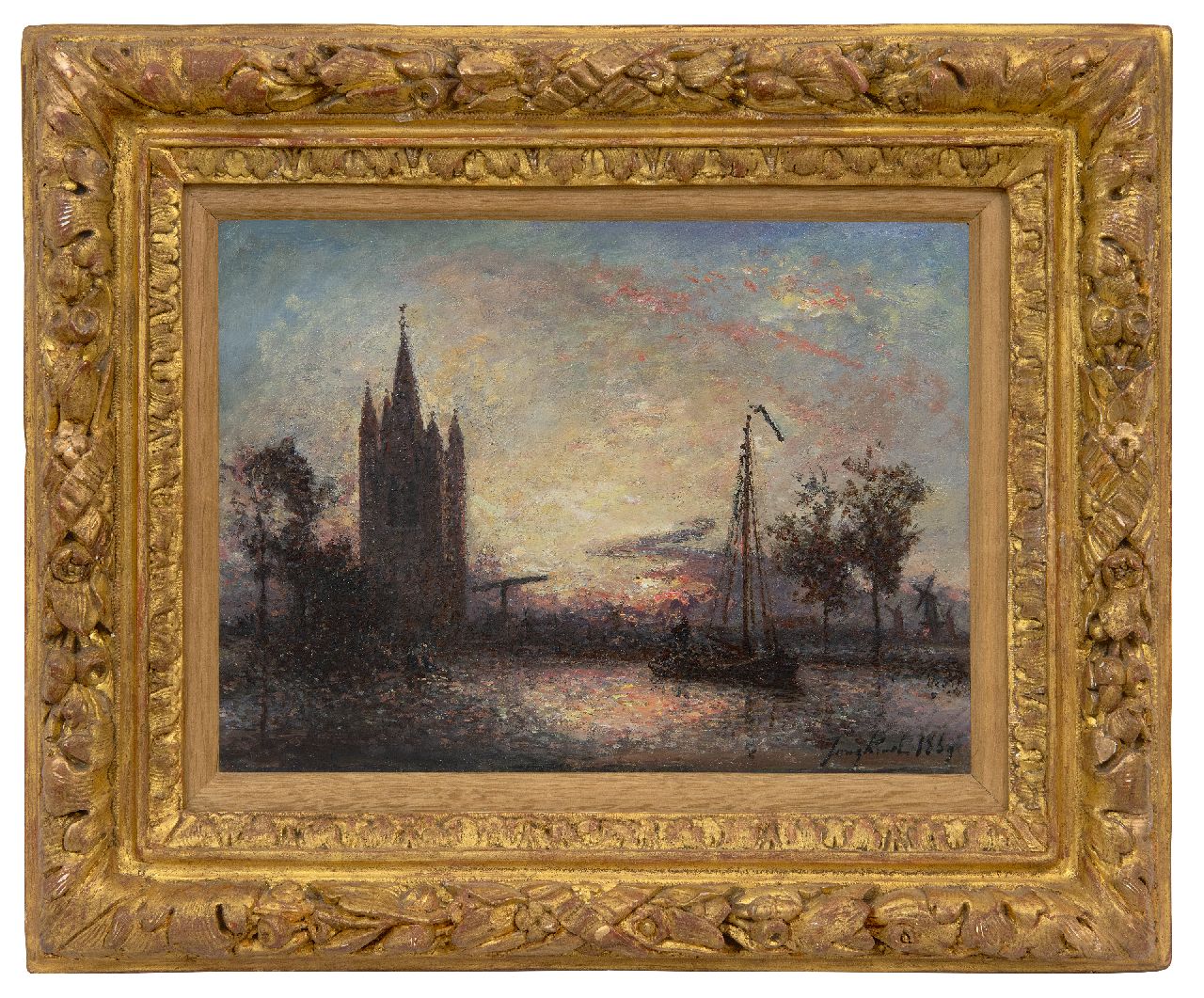 Jongkind J.B.  | Johan Barthold Jongkind | Paintings offered for sale | Coucher de soleil sur l'église, Hollande, oil on canvas 24.3 x 32.5 cm, signed l.r. and dated 1869