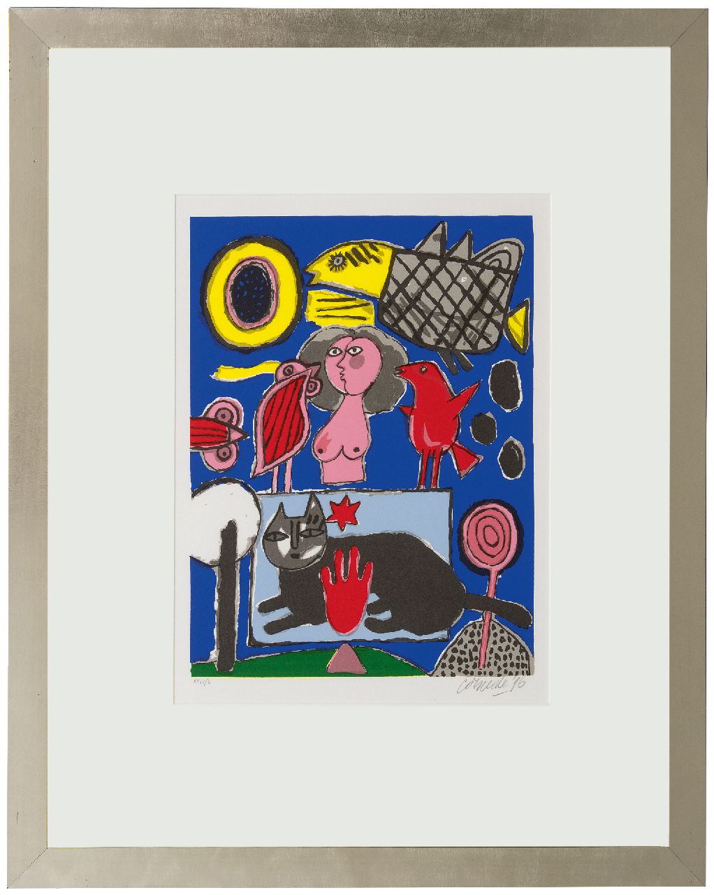 Corneille ('Corneille' Guillaume Beverloo)   | Corneille ('Corneille' Guillaume Beverloo) | Prints and Multiples offered for sale | Composition with black cat, pink woman and birds, lithograph on paper 47.6 x 35.7 cm, signed l.r. (in pencil) and dated '96 (in pencil)