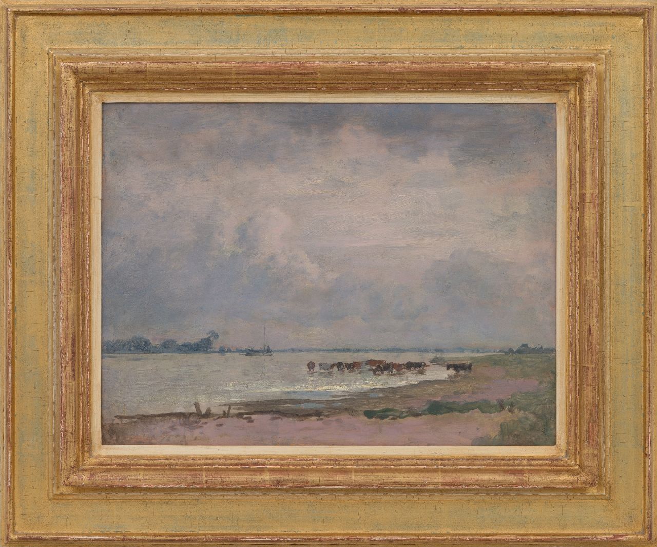 Voerman sr. J.  | Jan Voerman sr. | Paintings offered for sale | View of the river IJssel with watering cows, oil on panel 31.4 x 41.2 cm, signed with stamp on the reverse