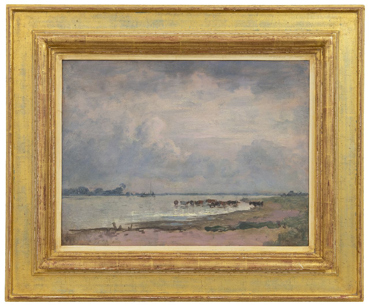 Voerman sr. J.  | Jan Voerman sr. | Paintings offered for sale | View of the river IJssel with watering cows, oil on panel 31.4 x 41.2 cm, signed with stamp on the reverse