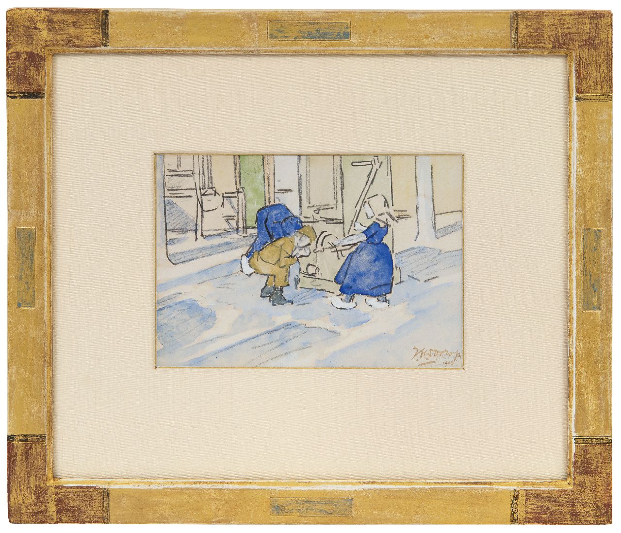 Toorop J.Th.  | Johannes Theodorus 'Jan' Toorop, Children at a village pump, black chalk and watercolour on paper 11.3 x 15.8 cm, signed l.r. (double) and dated 1903 (double)