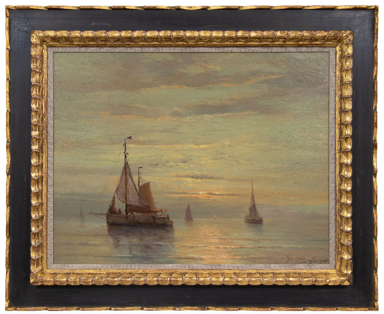 Gruijter J.W.  | Jacob Willem Gruijter | Paintings offered for sale | Ships in a calm at sunset, oil on panel 50.4 x 65.0 cm, signed l.r. and dated 1905