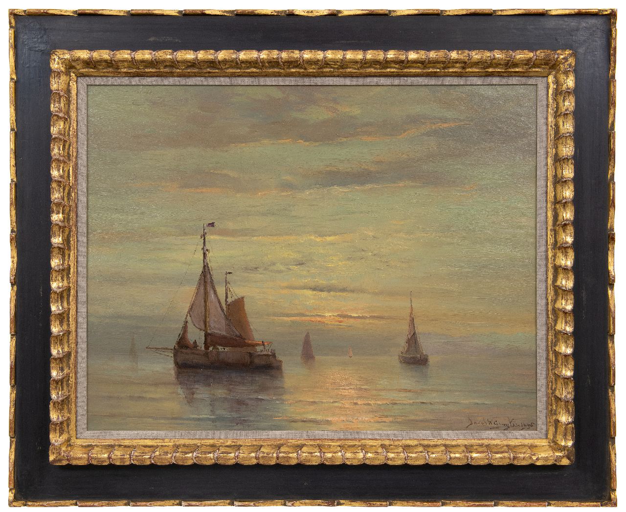 Gruijter J.W.  | Jacob Willem Gruijter | Paintings offered for sale | Ships in a calm at sunset, oil on panel 50.4 x 65.0 cm, signed l.r. and dated 1905, without frame