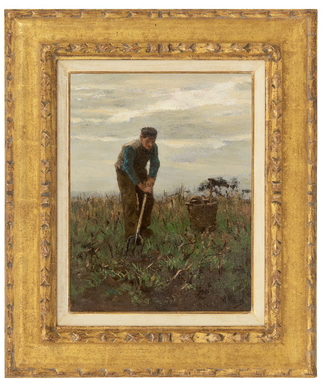 Mauve A.  | Anthonij 'Anton' Mauve, Digging potatoes, oil on panel 32.0 x 24.4 cm, signed l.r.