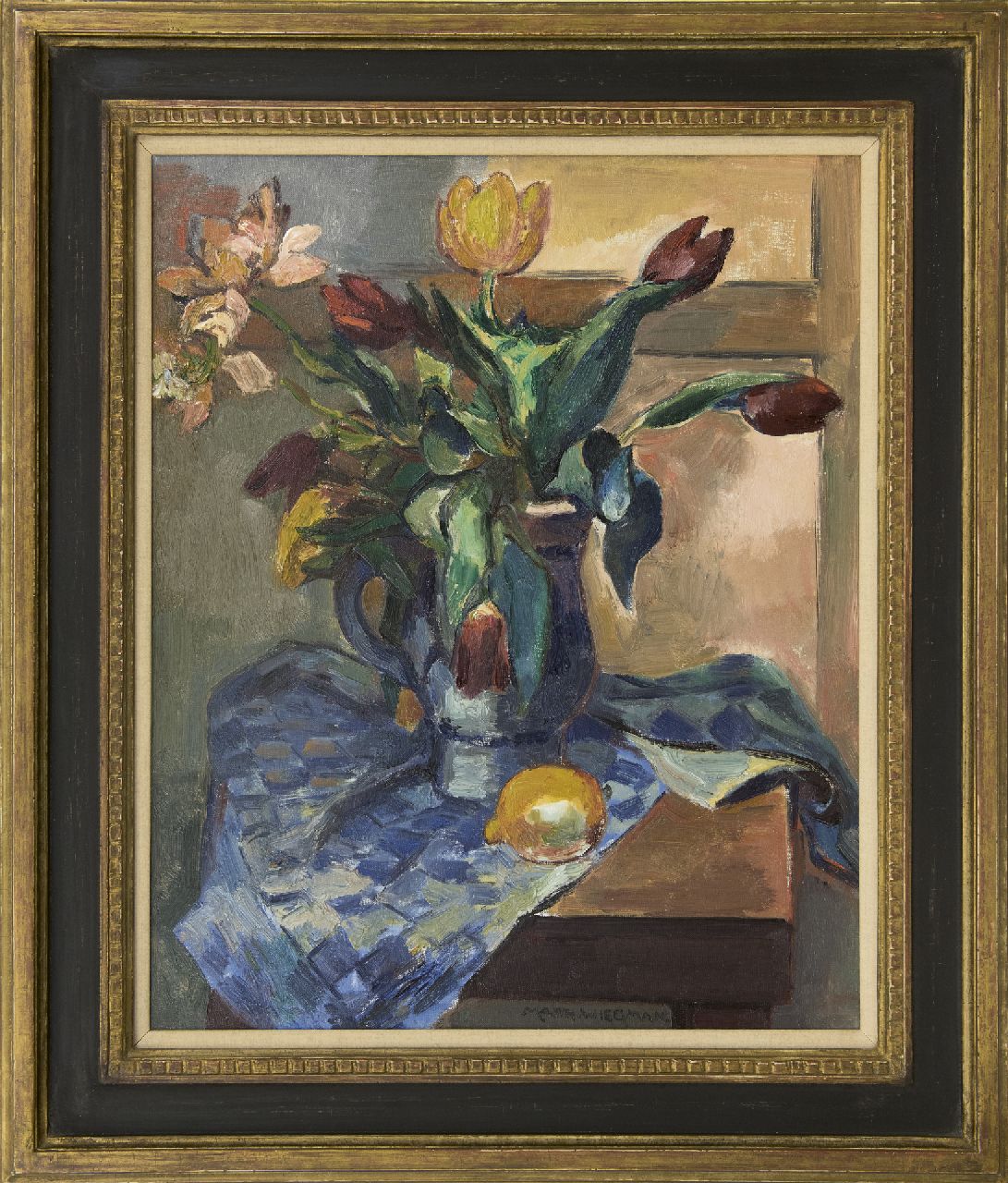 Wiegman M.J.M.  | Mattheus Johannes Marie 'Matthieu' Wiegman, A still life with tulips and a lemon, oil on canvas 61.4 x 50.1 cm, signed l.c.