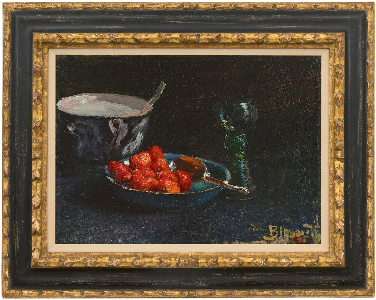 Blommers B.J.  | Bernardus Johannes 'Bernard' Blommers | Paintings offered for sale | Strawberries with whipped cream and a Rhine wine glass, oil on canvas 28.8 x 40.0 cm, signed l.r. and painted ca. 1880