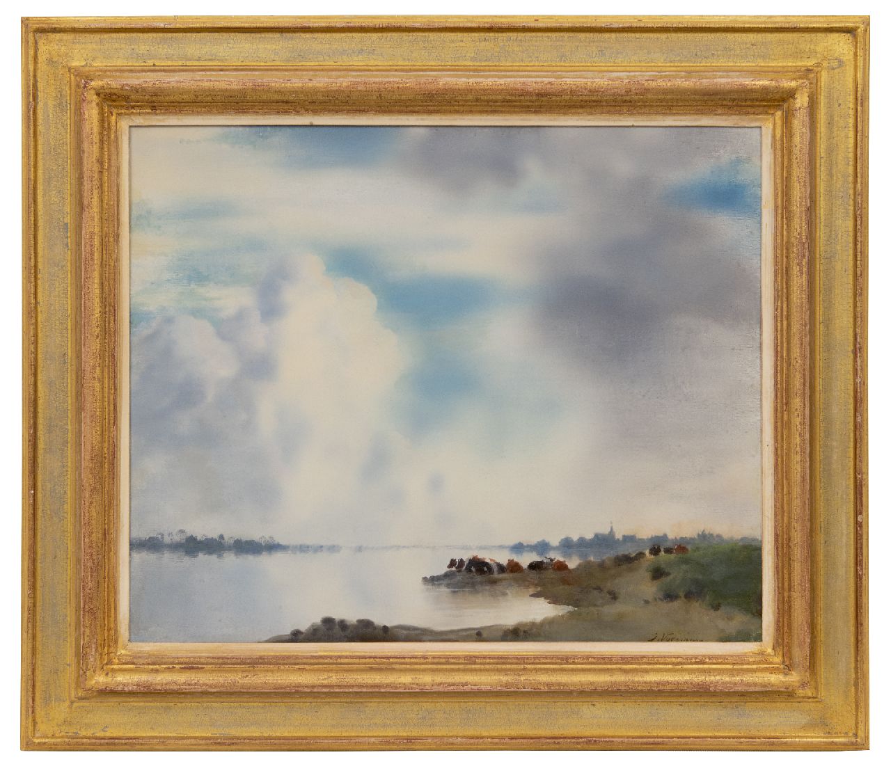 Voerman sr. J.  | Jan Voerman sr., A view of the river IJssel with Hattem in the distance, oil on panel 42.4 x 52.0 cm, signed l.r.