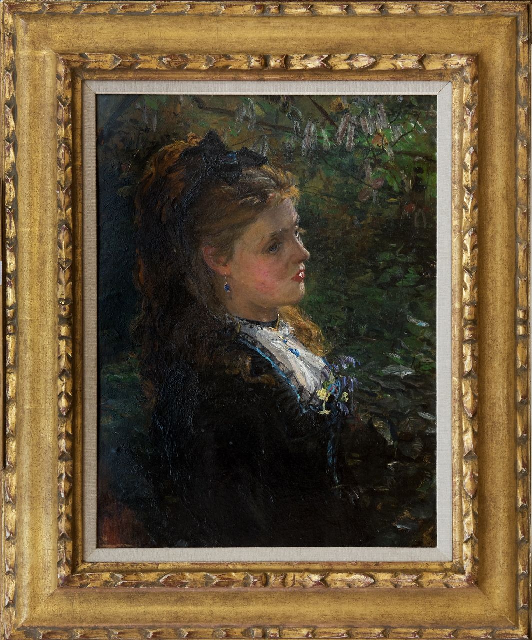 Beckwith J.C.  | James Carroll Beckwith | Paintings offered for sale | Portrait of a young woman, ca 1875 probably the younge Émilie-Louise Delabigne (Valtesse de la Bigne)., oil on board 40.0 x 30.0 cm, ca. 1875-1878