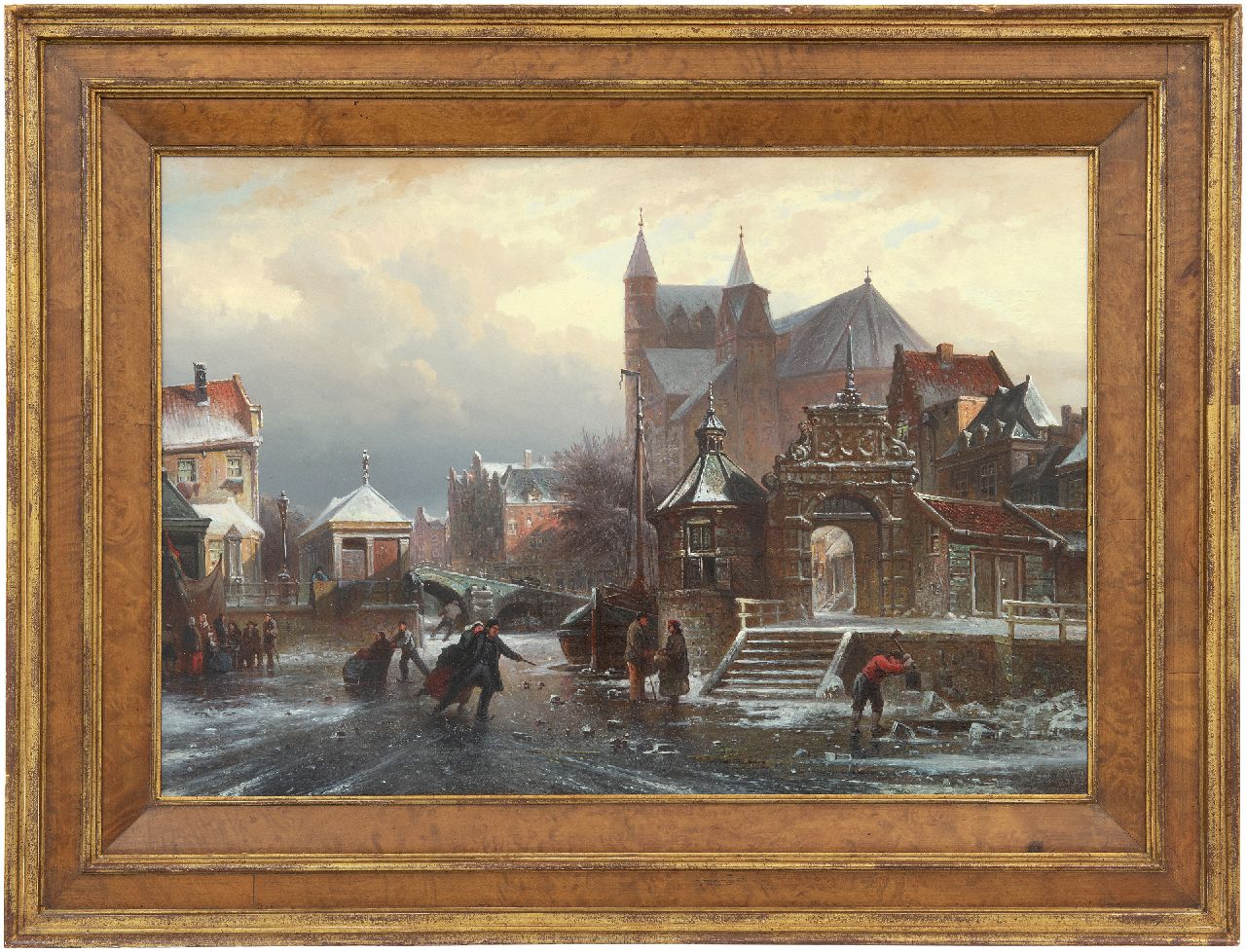 Bommel E.P. van | Elias Pieter van Bommel | Paintings offered for sale | Skating fun on a frozen canal in a town, oil on panel 36.7 x 54.4 cm, signed l.r. and dated '72