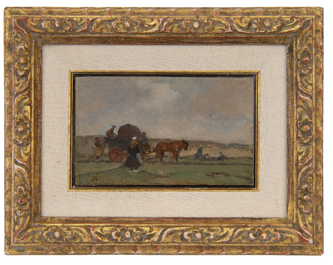 Akkeringa J.E.H.  | 'Johannes Evert' Hendrik Akkeringa, The repairing of the fishing nets behind the dunes, oil on panel 7.5 x 12.4 cm, signed l.l. with Initial