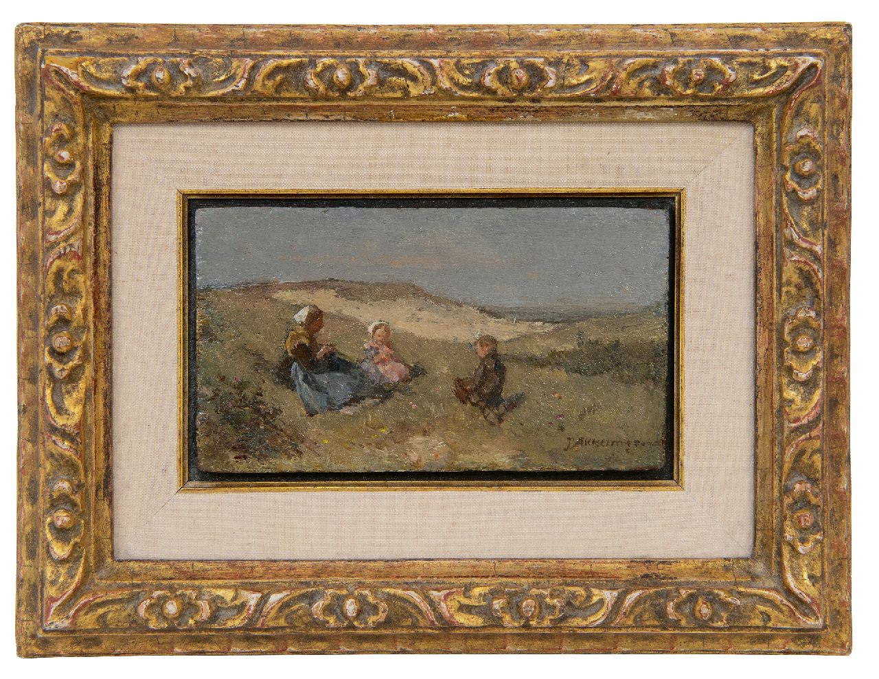 Akkeringa J.E.H.  | 'Johannes Evert' Hendrik Akkeringa, Fisherman's wife with two children in the dunes, oil on panel 7.5 x 12.6 cm, signed l.r.