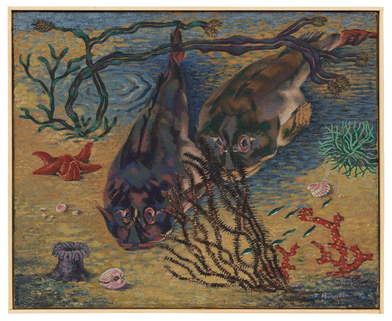 Hunziker F.  | Frieda Hunziker, Flying gurnards, oil on canvas 41.0 x 50.7 cm, signed l.r. and dated 12/41