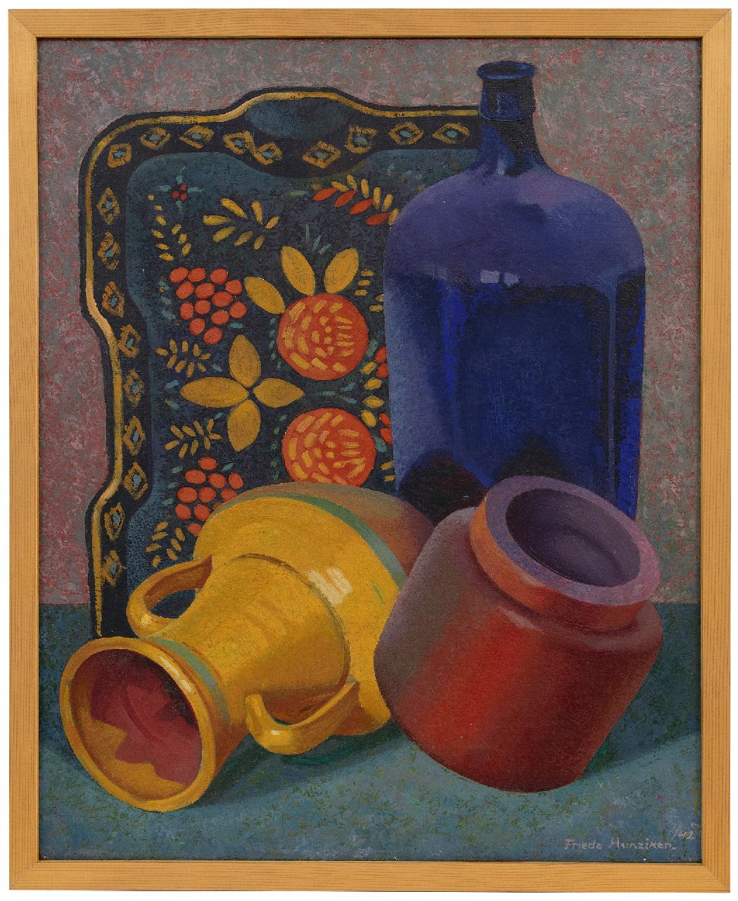 Hunziker F.  | Frieda Hunziker, Still life with blue bottle, oil on canvas 55.6 x 45.4 cm, signed l.r. and dated 1/42