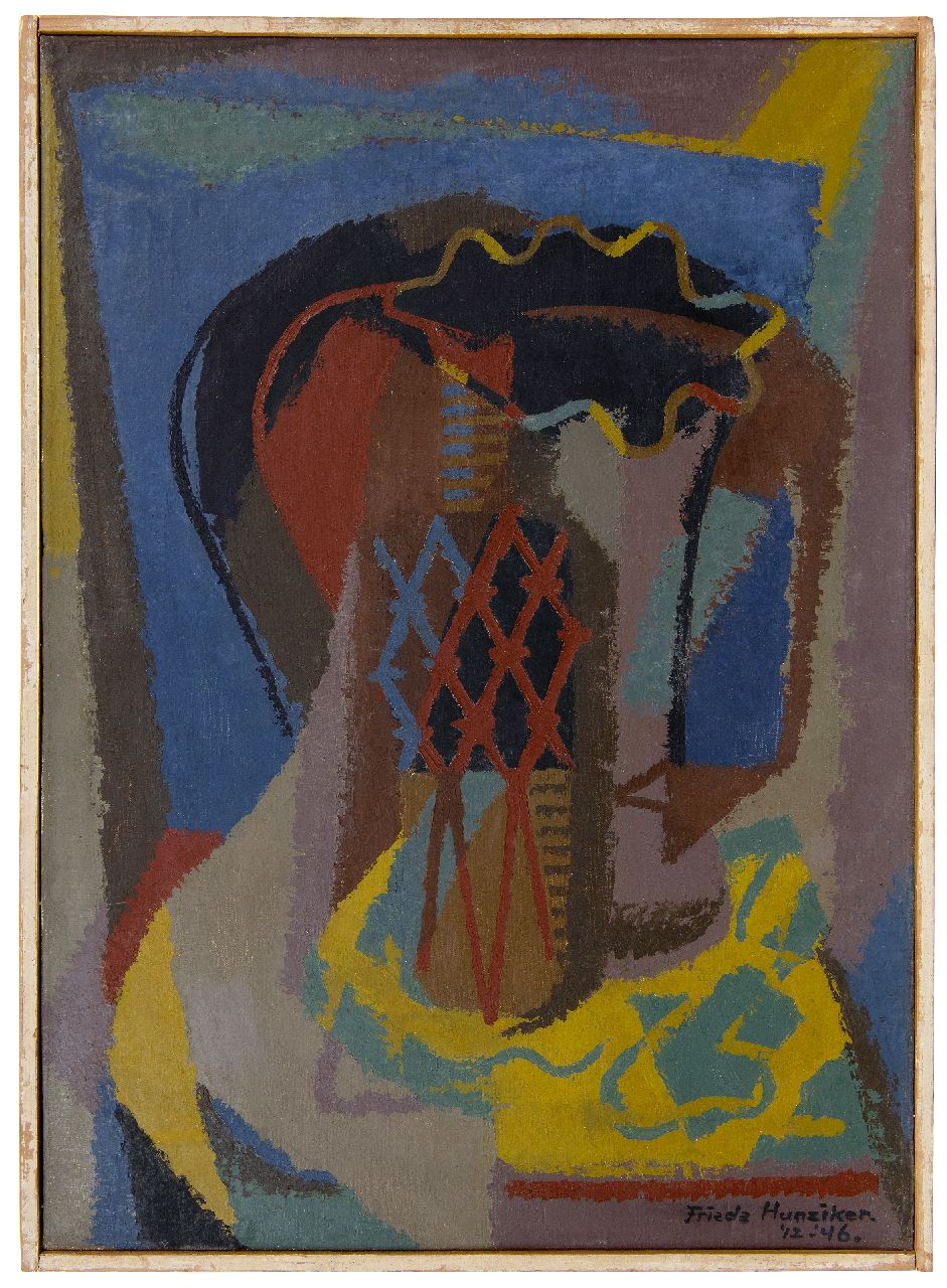 Hunziker F.  | Frieda Hunziker, Still life with vase and bottle, oil on canvas 69.8 x 49.7 cm, signed l.r. and dated '12-'46.