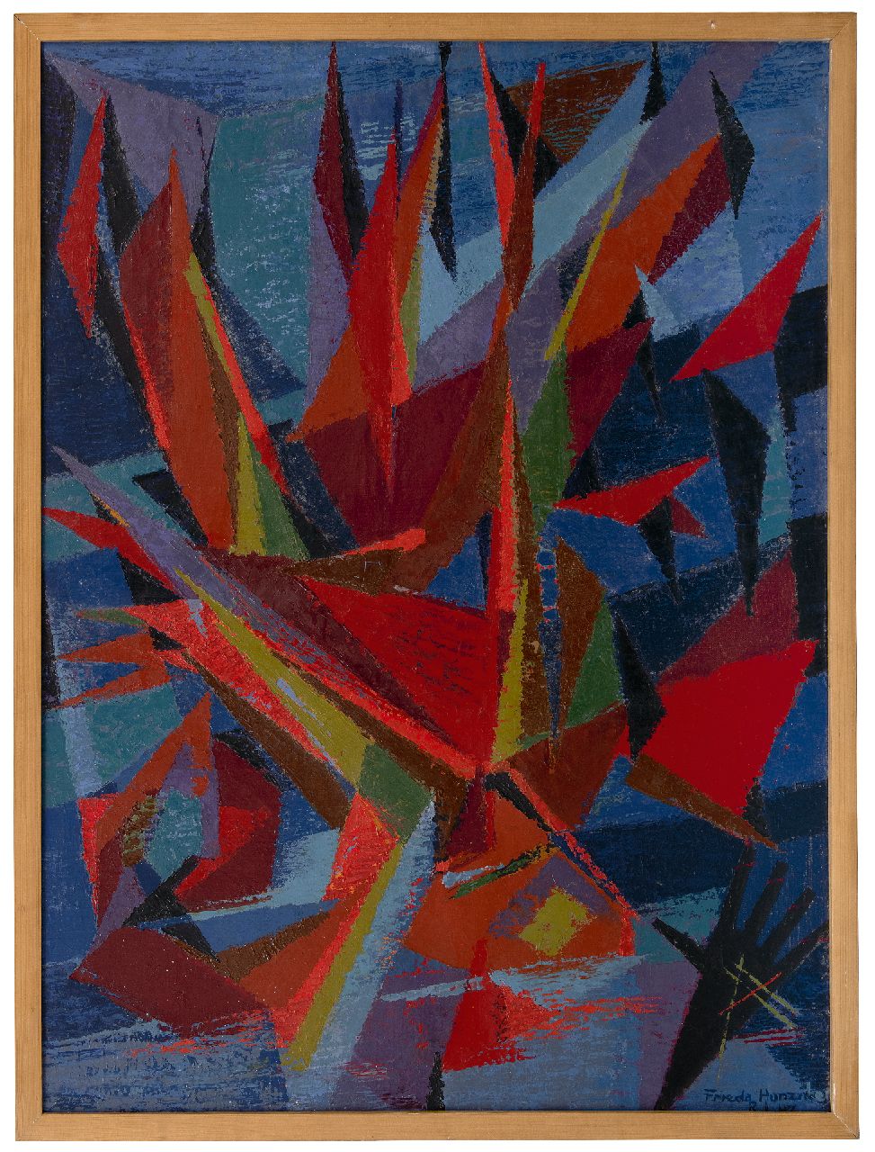 Hunziker F.  | Frieda Hunziker, Composition with ships, oil on canvas 100.2 x 75.7 cm, signed l.r. and on the reverse and dated 8.1.47